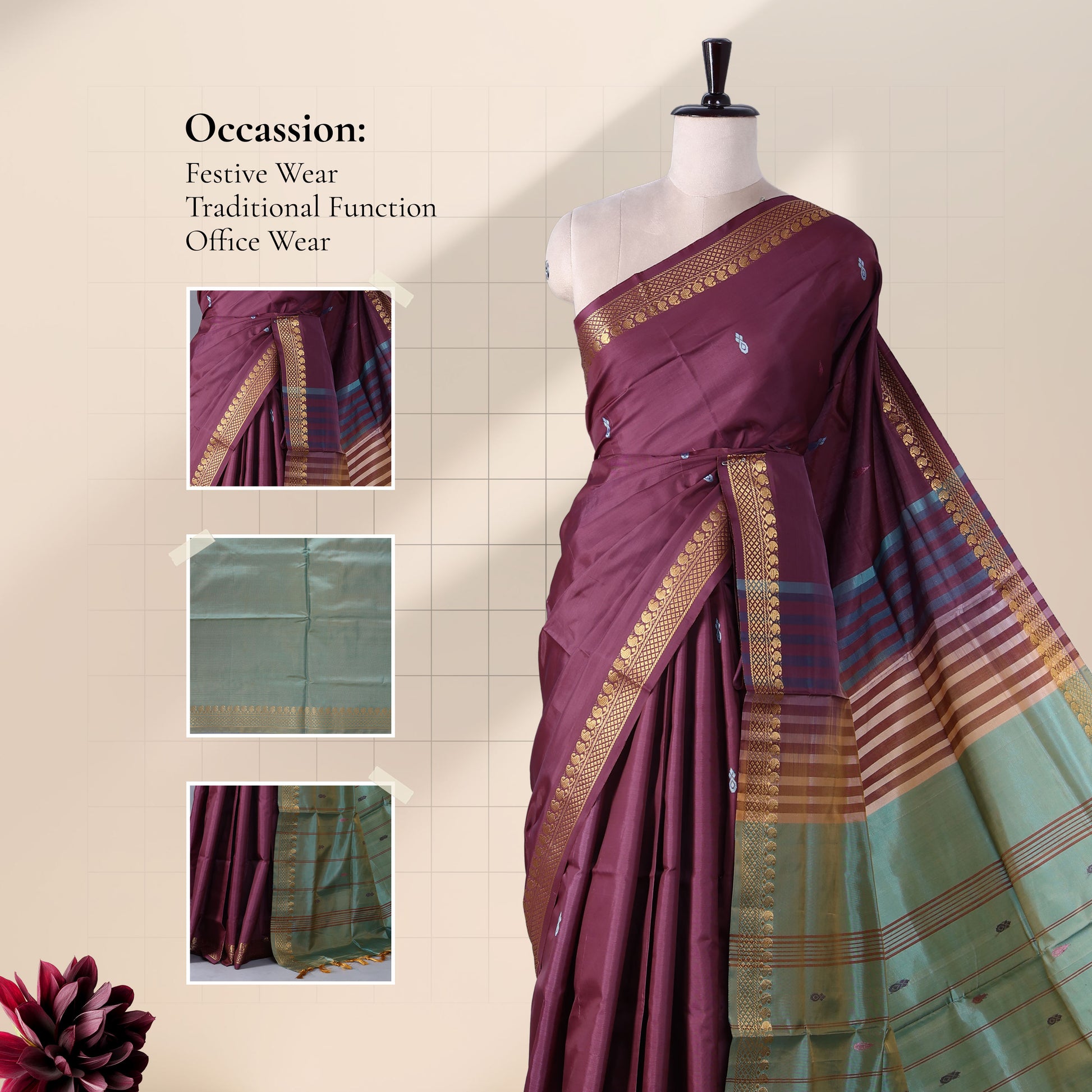 Banana Pith Saree in Royal Purple with Green Pallu and Intricate Gold Zari Border
