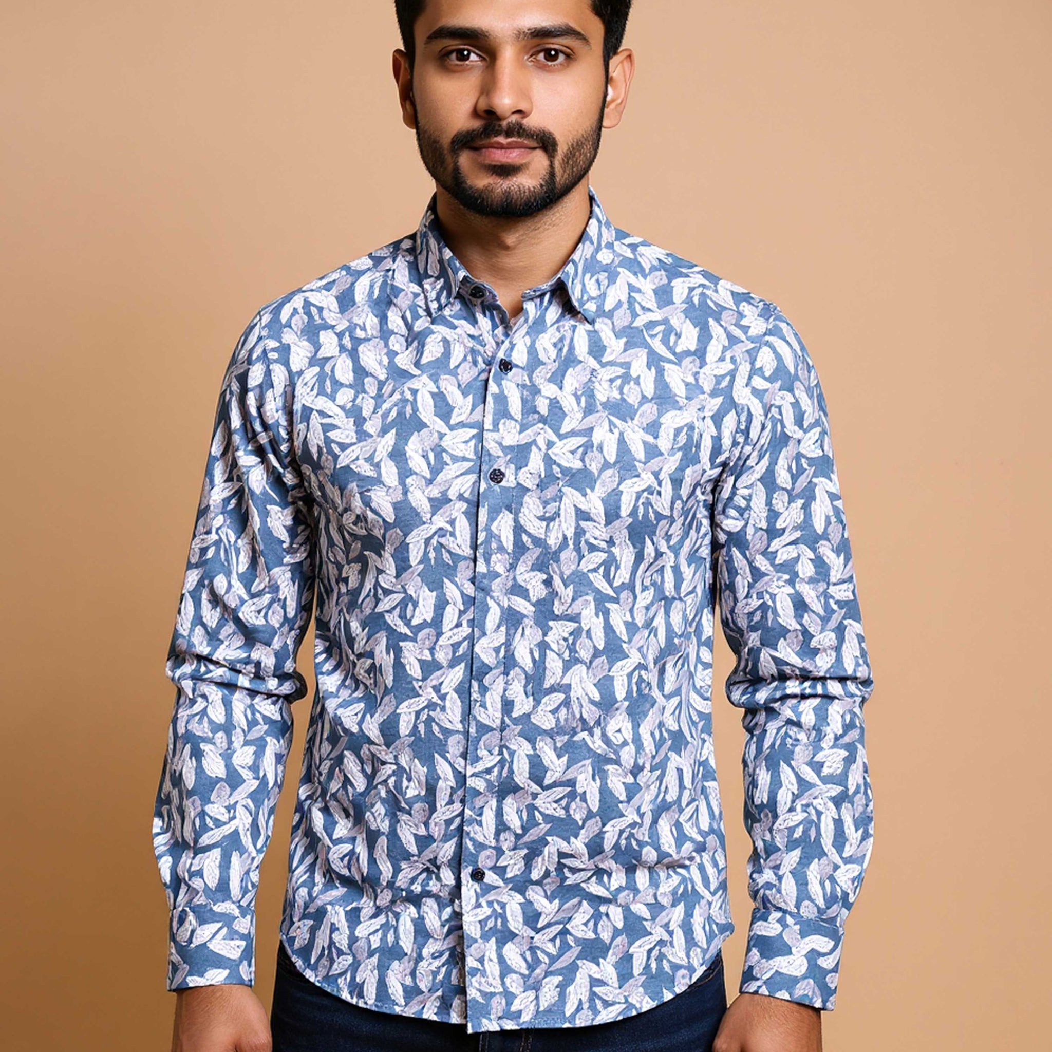 Nativebull Men's Leaf Print Slim Fit Casual Shirt with Spread Collar and Full Sleeves - Blue