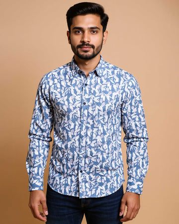 Nativebull Men's Leaf Print Slim Fit Casual Shirt with Spread Collar and Full Sleeves - Blue