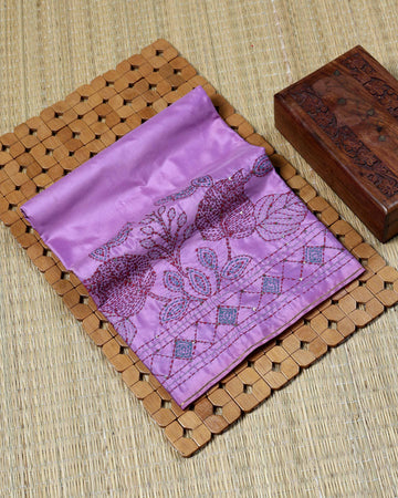 Elegant Hand Embroidered Women’s Blouse Material with Floral Thread Work and Geometric Border Design - Light Purple