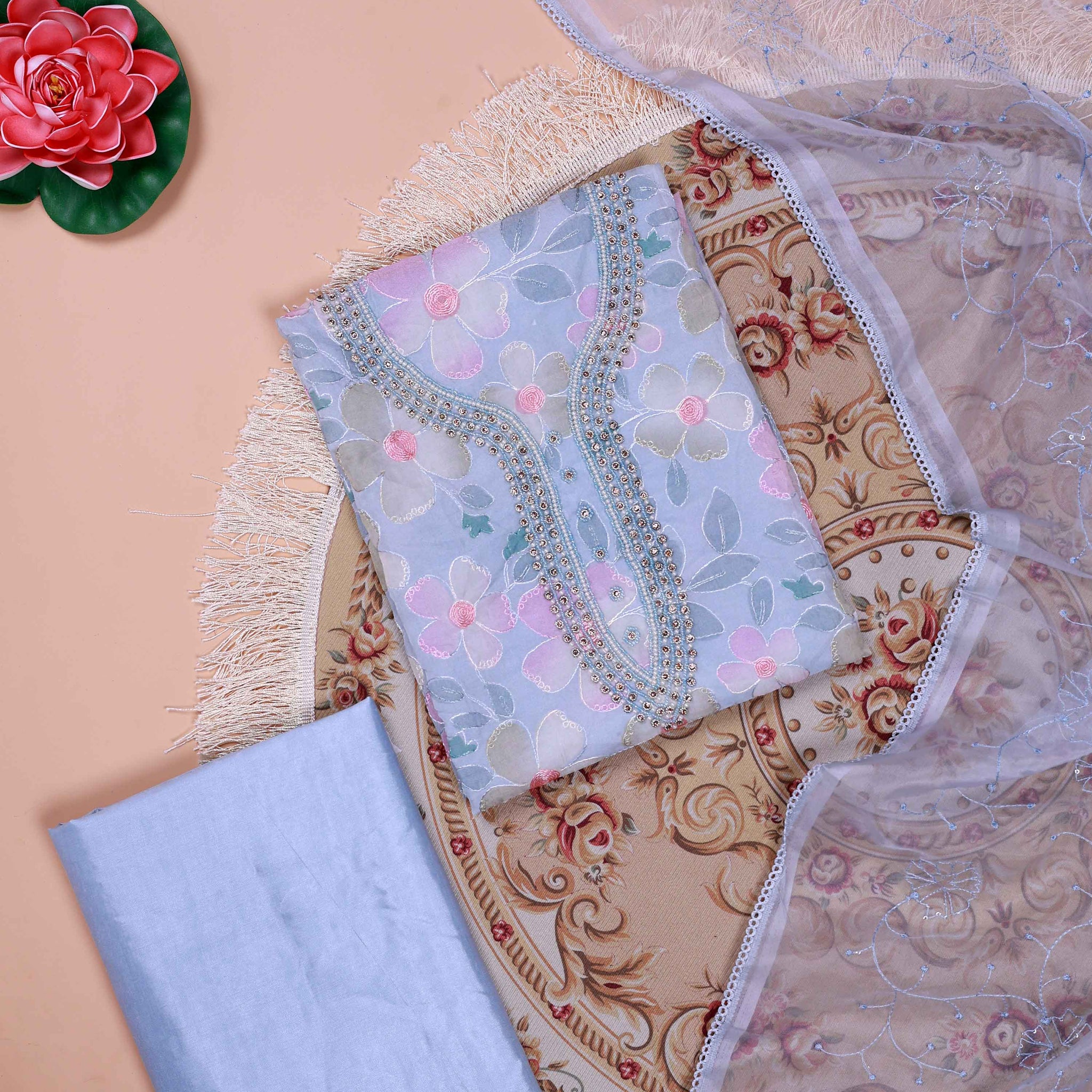 Women's Floral Embroidered Salwar Suit Material with Beaded Neckline and Net Dupatta - Blue