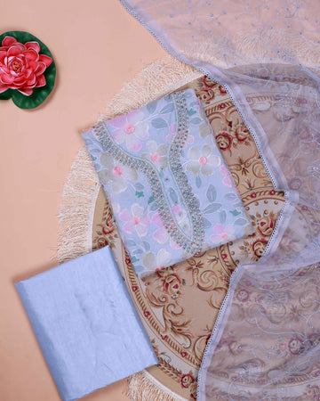 Women's Floral Embroidered Salwar Suit Material with Beaded Neckline and Net Dupatta - Blue