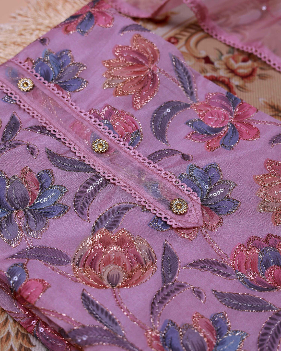 Women's Floral Embroidered Salwar Suit Material with Beaded Neckline and Net Dupatta - Pink