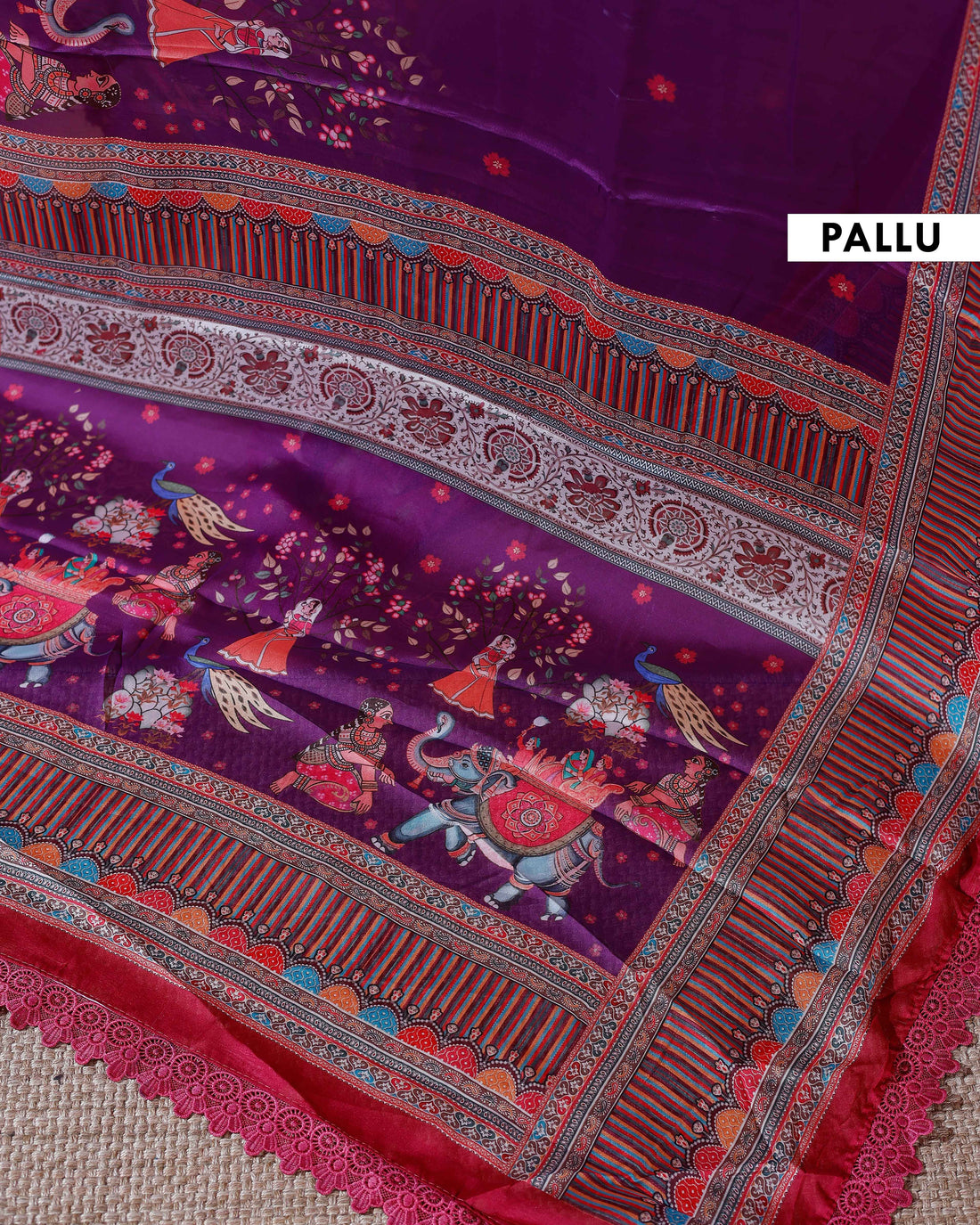 Designer Georgette Saree with Royal Procession Print and Intricately Woven Traditional Border - Purple