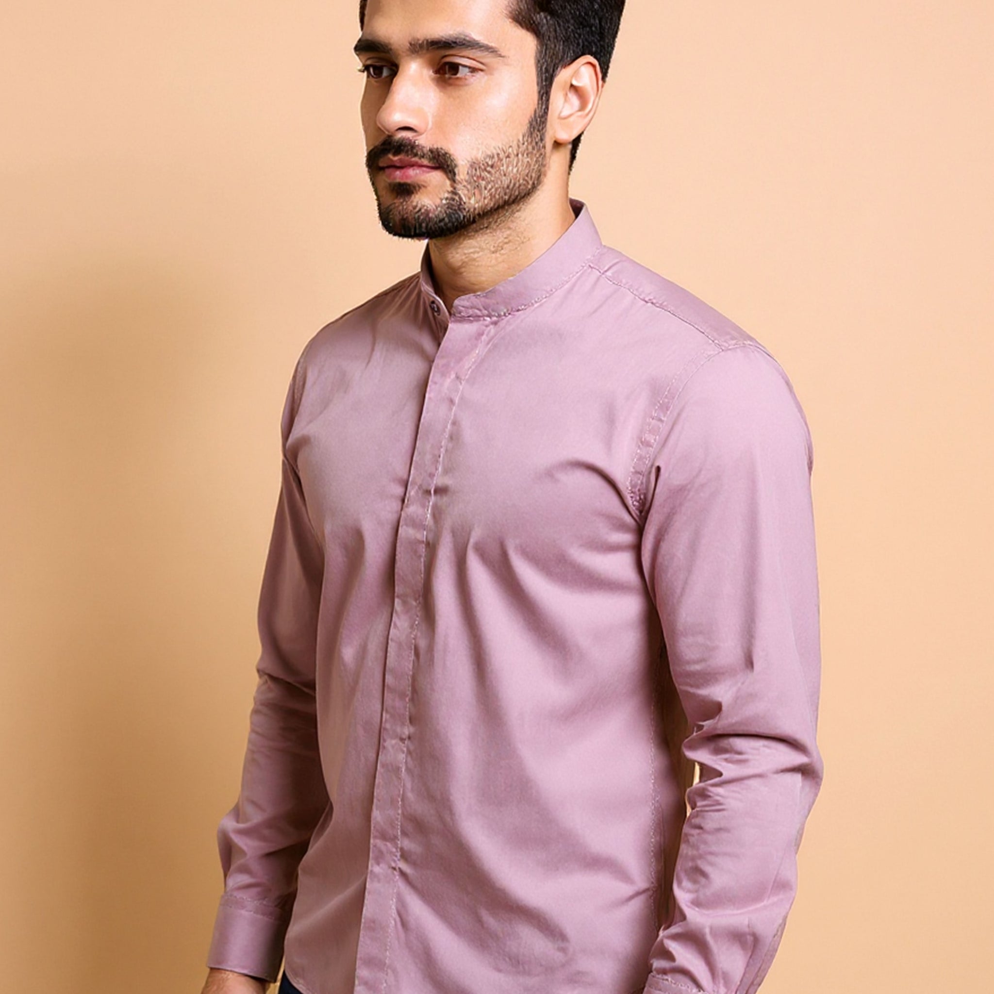 Native Bull Men's Solid Mandarin Collar Casual Shirt and Full Sleeves - Pink