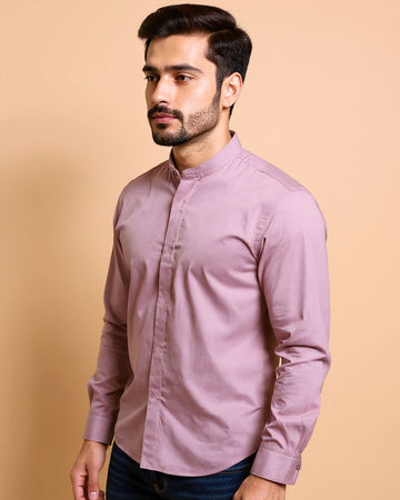 Native Bull Men's Solid Mandarin Collar Casual Shirt and Full Sleeves - Pink