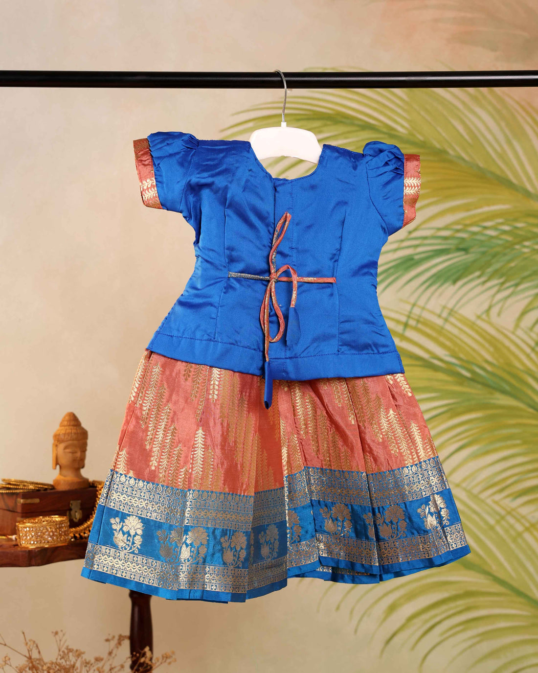 Traditional Kids Pattu Pavadai Readymade a Traditional Ethnic Gown with Zari Border & Puff Sleeves  - Blue