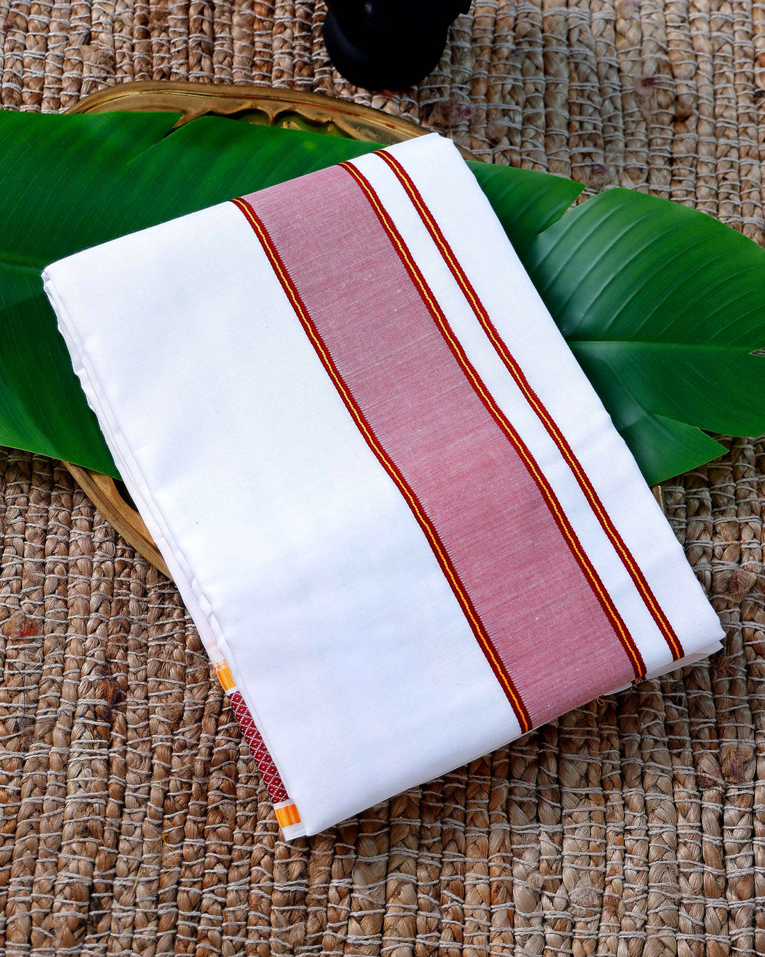 Men’s Cotton Dhoti with Maroon Colour Border - White