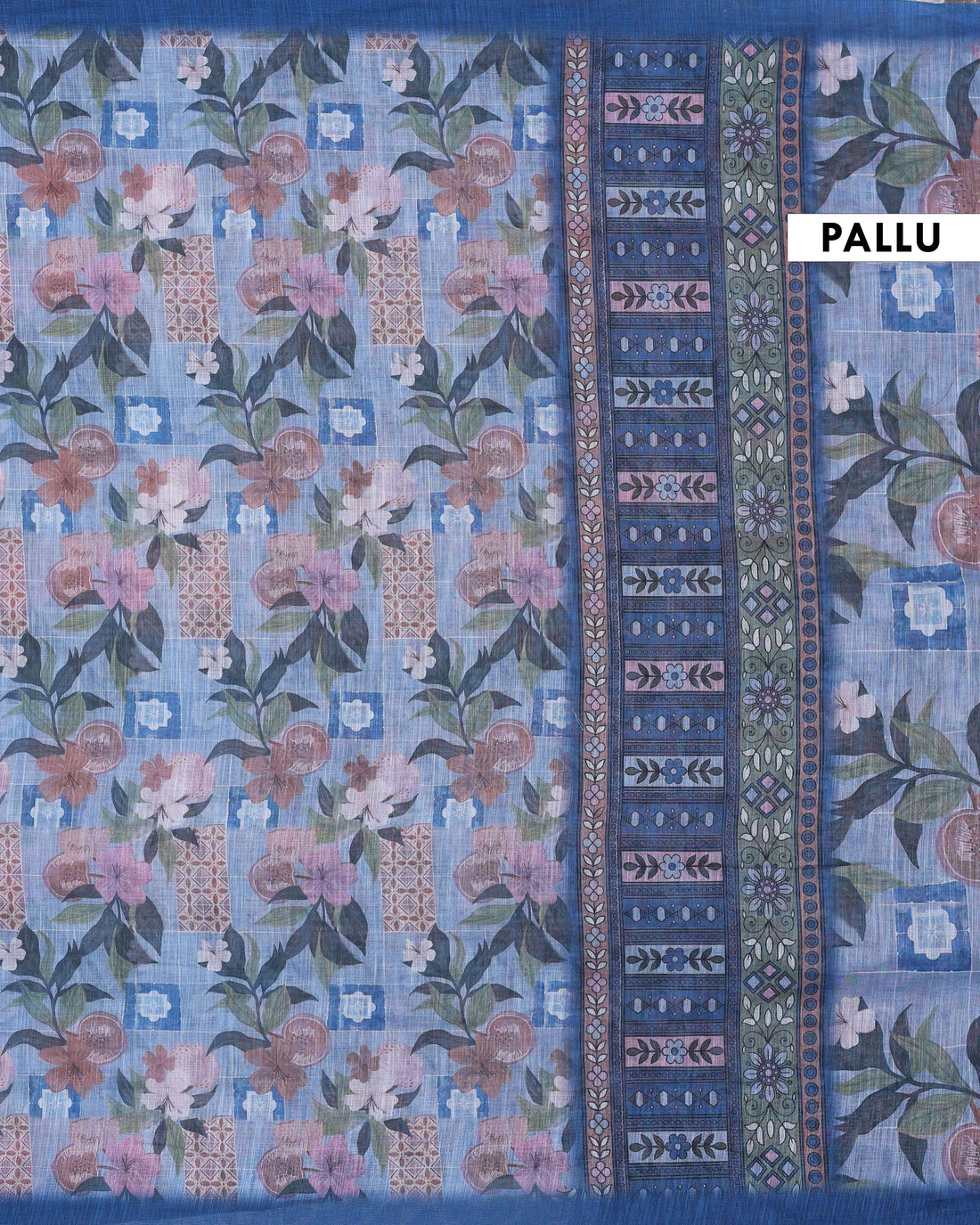 Ethnic Blue Linen saree with Multi-color Paisley and Floral Design