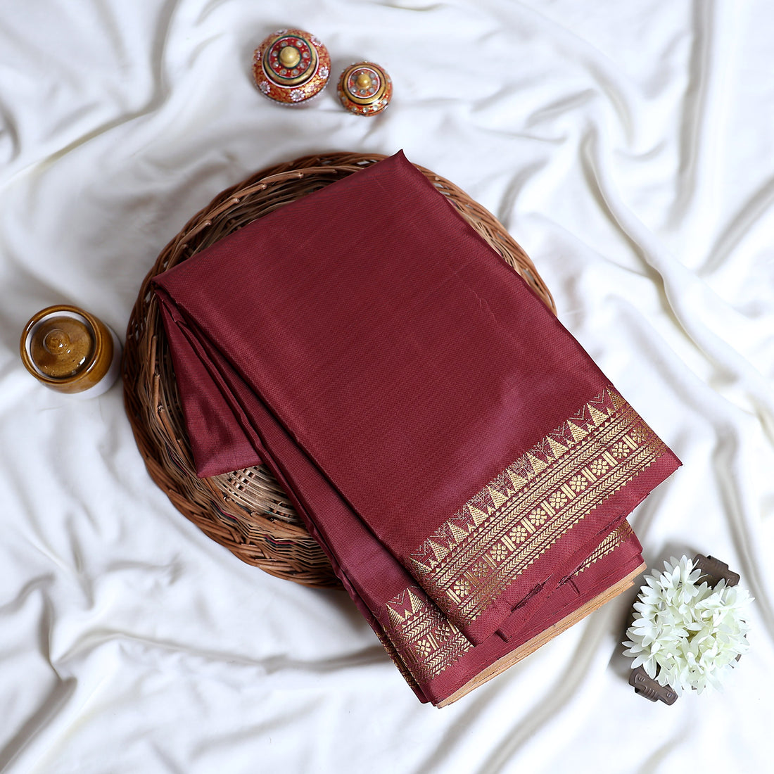 Light Red Banana Pith Semi Silk Saree for Women | Wedding & Festive occasion | Jeyachandran - Full View