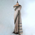 Mangalagiri Cotton Saree with Grey Striped Pattern and Temple Woven Border - Full View
