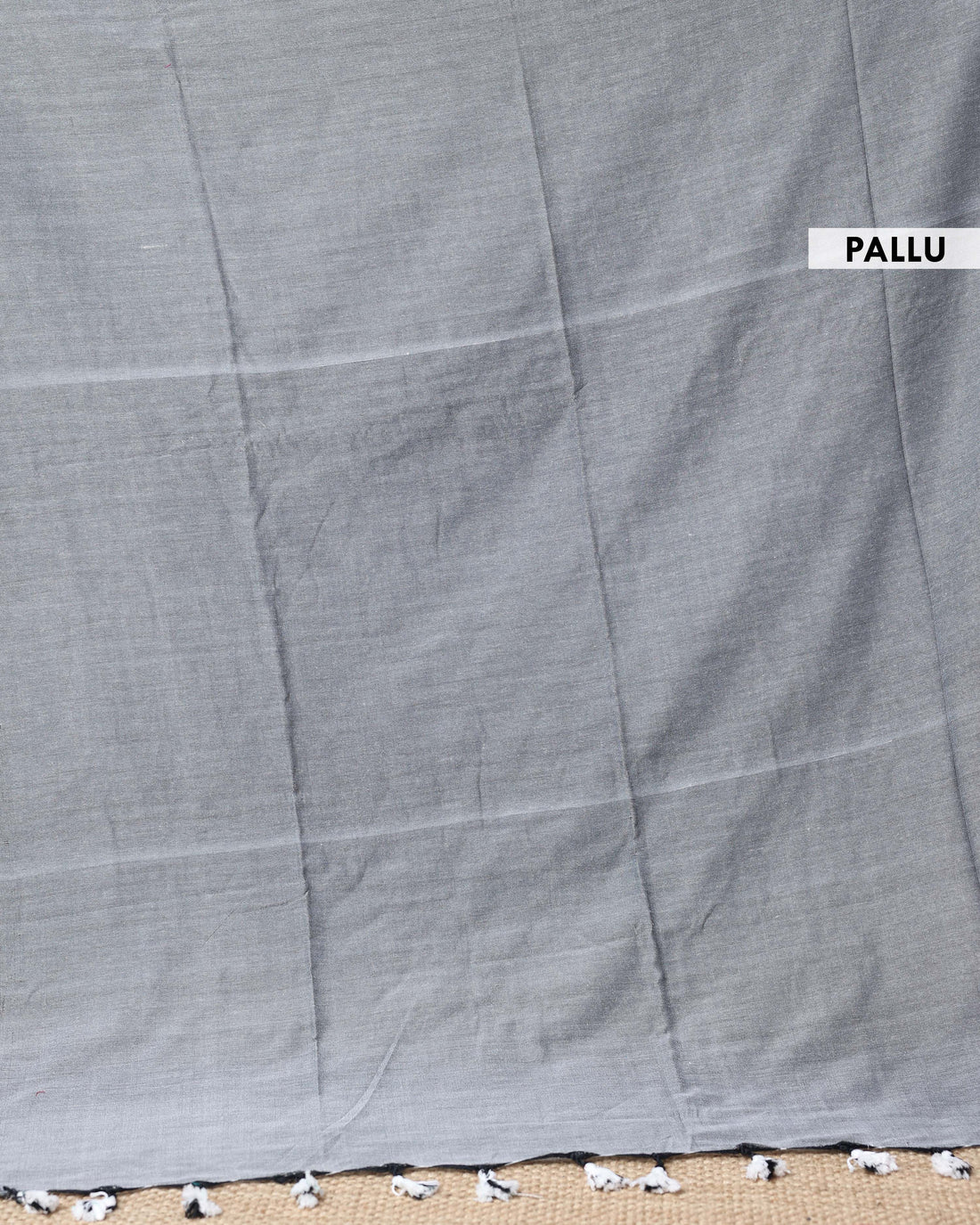 Handwoven Khadi Cotton Saree with Contrast Printed Blouse and Tassel Accents - Light Grey