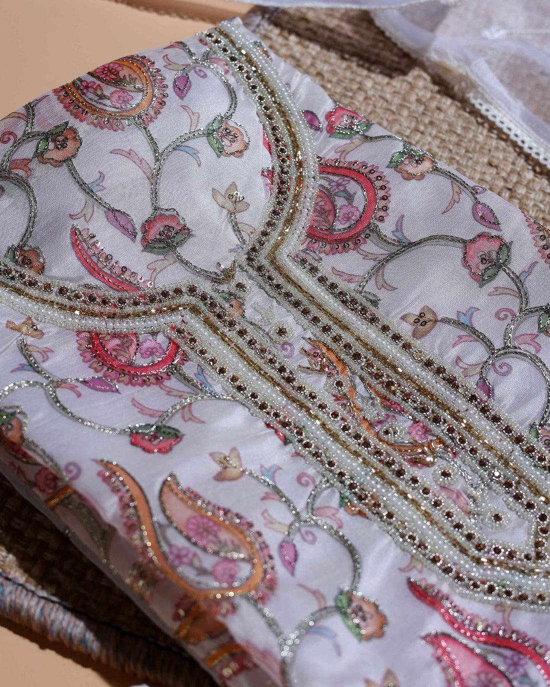 Women's Embroidered Paisley and Floral Patterned Salwar Suit Material with Dupatta - White
