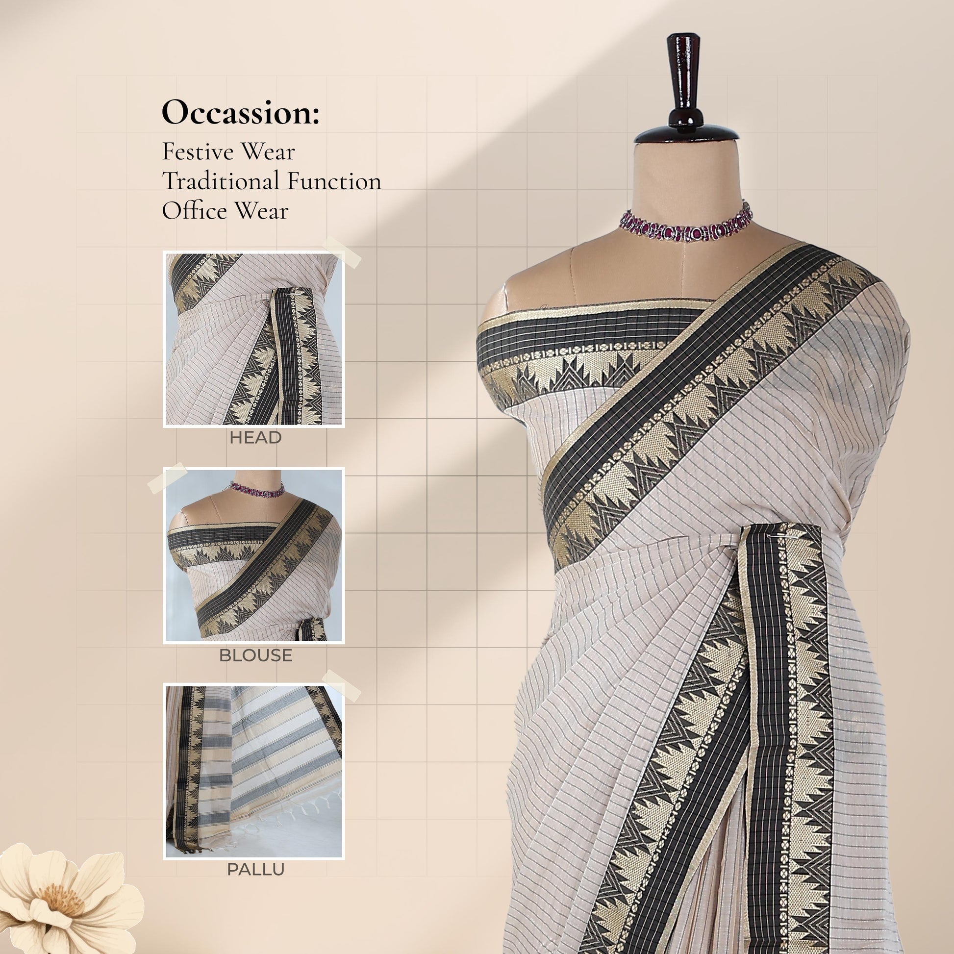 Grey Mangalagiri Cotton Saree  a Striped Weave Pattern And Traditional Temple Motif Border Suitable For Festive And Ethnic Wear