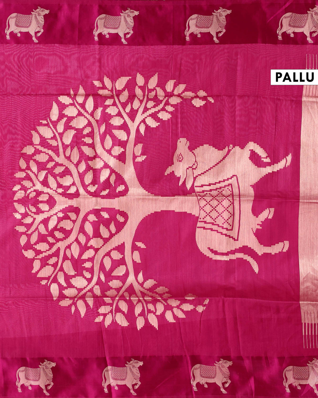Traditional Paithani Inspired Raw Silk Saree with Butti Motifs and Intricate Animal Woven Border  - Magenta