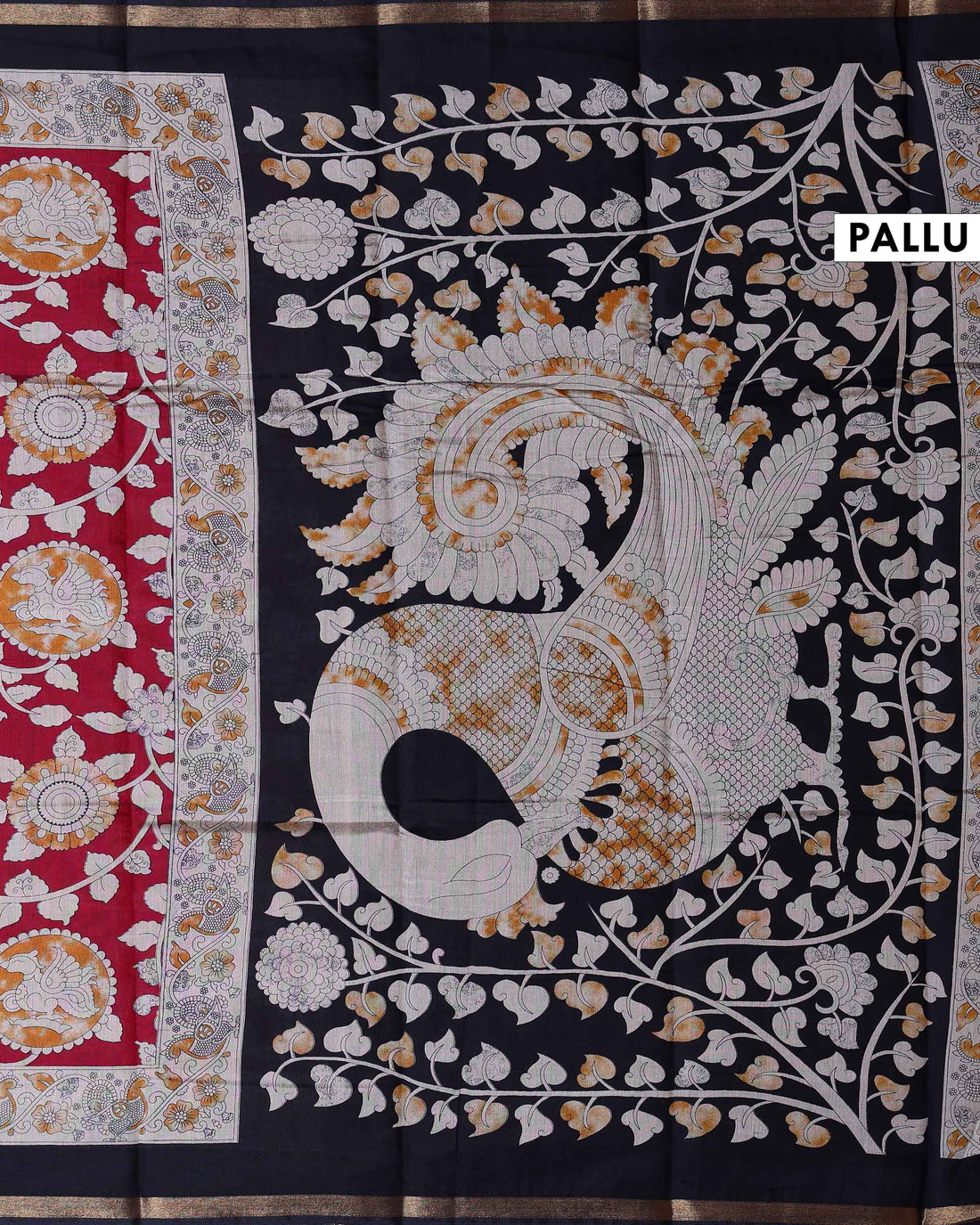 Elegant Traditional Semi Chanderi Kalamkari Saree with Peacock and Floral Motifs with Woven Border - Red