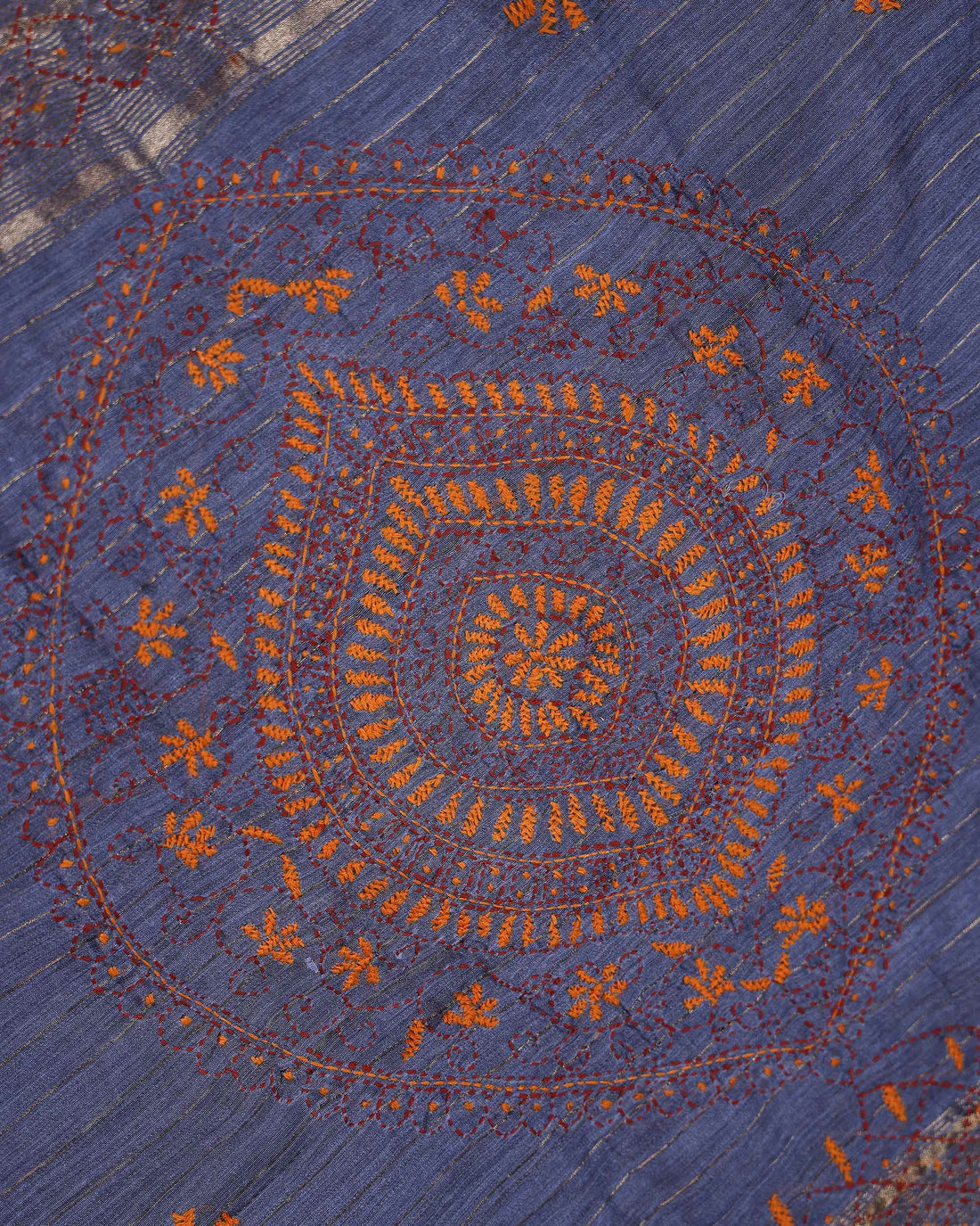 Elegant Kantha Hand Embroidered Saree with Intricate Floral Motif and Contrast Border - Grey