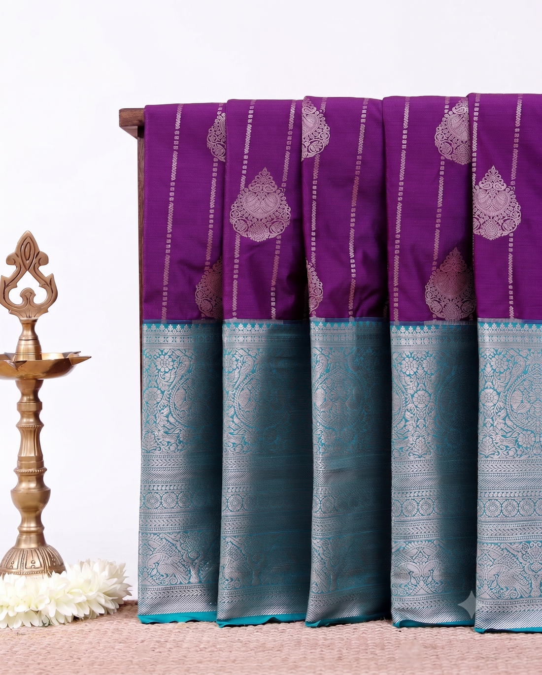 Traditional Niranjana Silk Saree Vertical Zari Motif Lines and Grand Brocade Border - Purple
