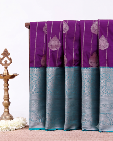 Traditional Niranjana Silk Saree Vertical Zari Motif Lines and Grand Brocade Border - Purple