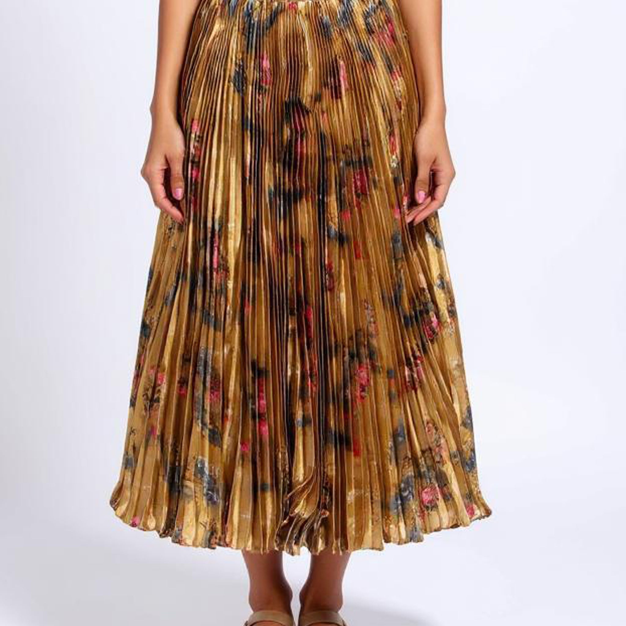 Floral Metallic Pleated Midi Skirt - Brown