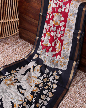 Elegant Traditional Semi Chanderi Kalamkari Saree with Peacock and Floral Motifs with Woven Border - Red