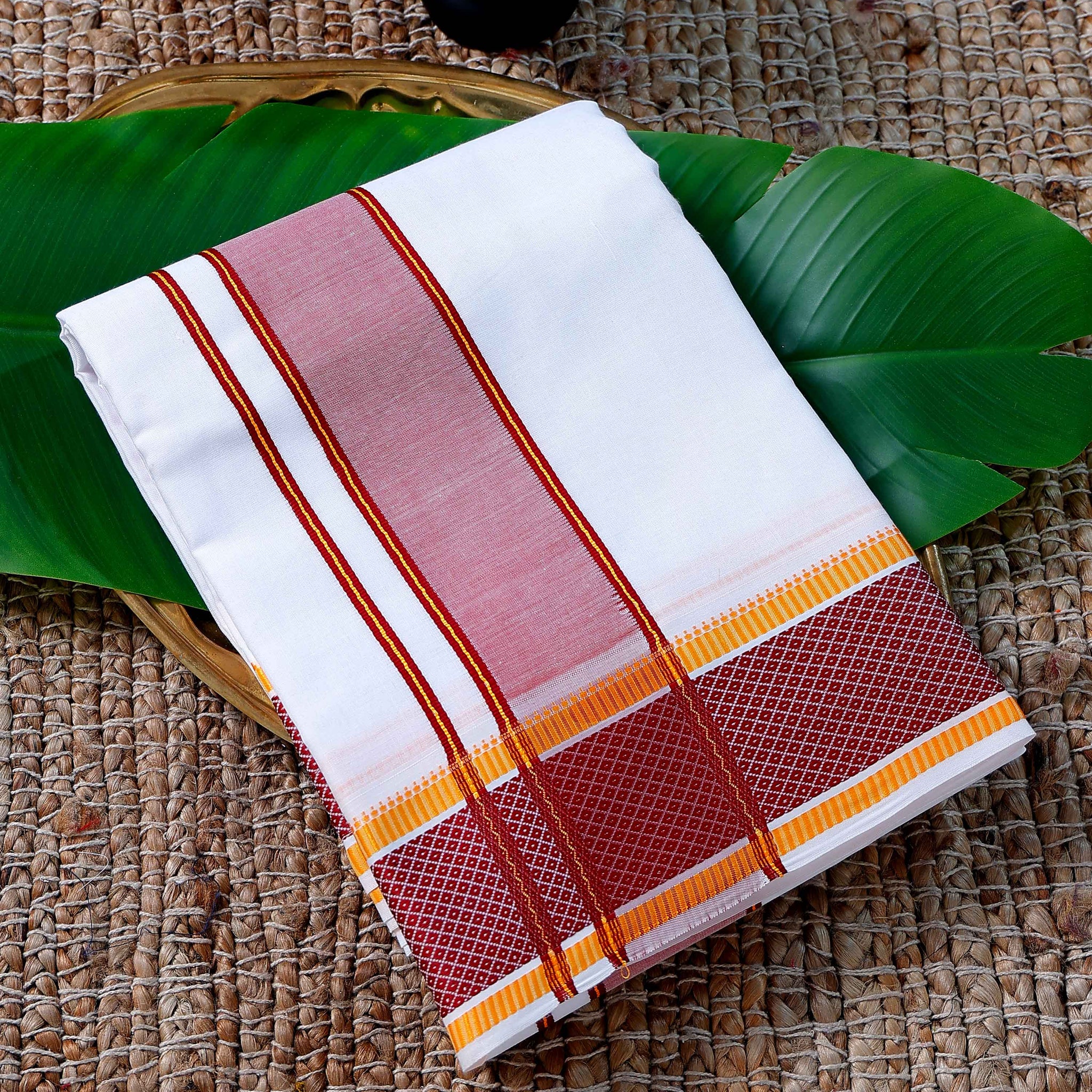 Men’s Cotton Dhoti with Maroon Colour Border - White