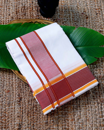 Men’s Cotton Dhoti with Maroon Colour Border - White