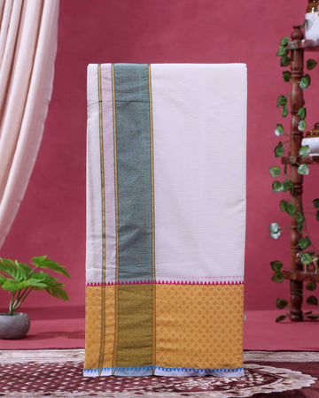 Traditional Men’s Handloom Cotton Dhoti 9×5 Meter with Elegant Gold Border- Off White