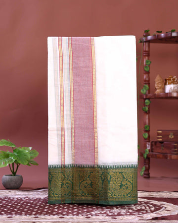 Traditional Men’s Handloom Cotton Dhoti 9*5 Meter with Elegant Multi Border – Off White
