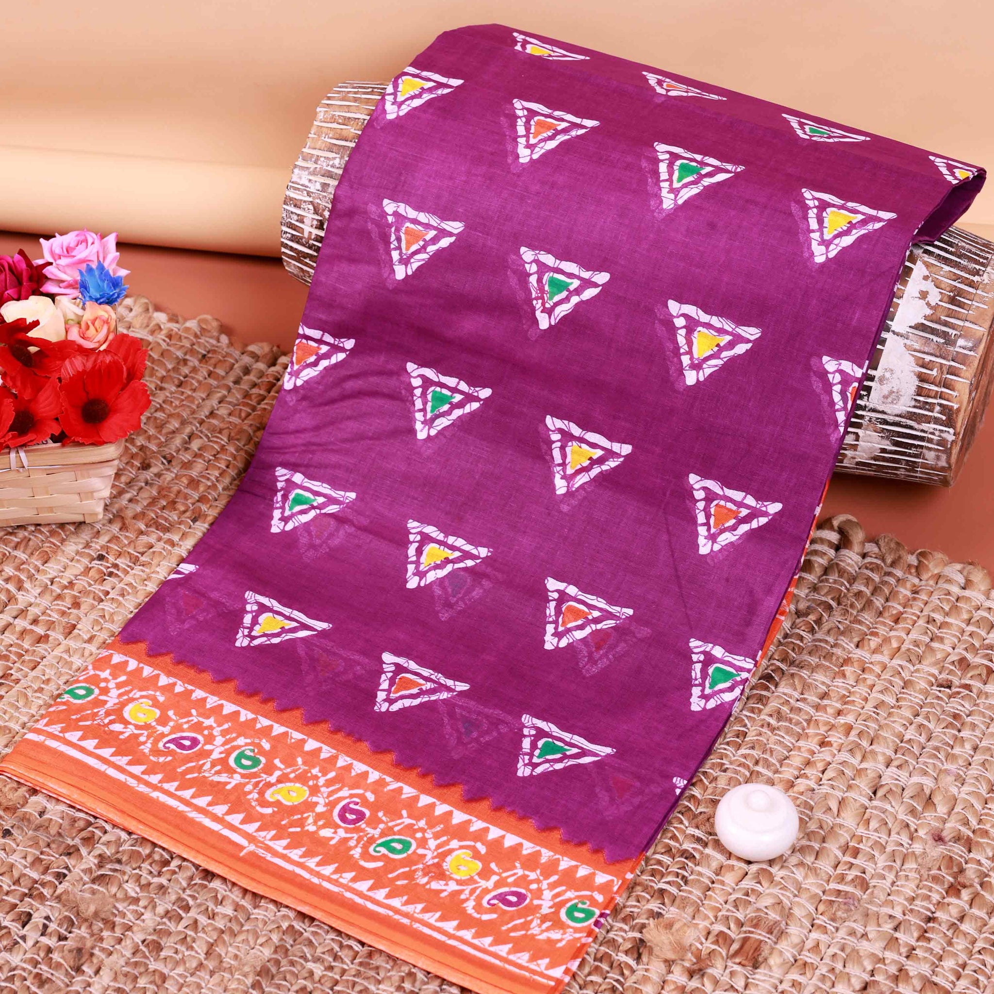 All-Over Floral Printed Voile Saree with Intricate Contrast Border – Purple
