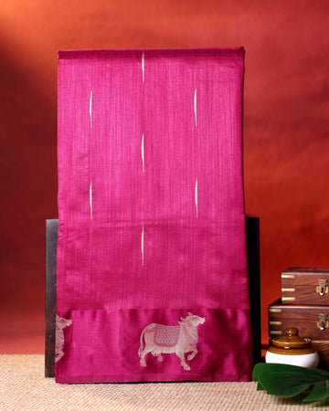 Traditional Paithani Inspired Raw Silk Saree with Butti Motifs and Intricate Animal Woven Border  - Magenta