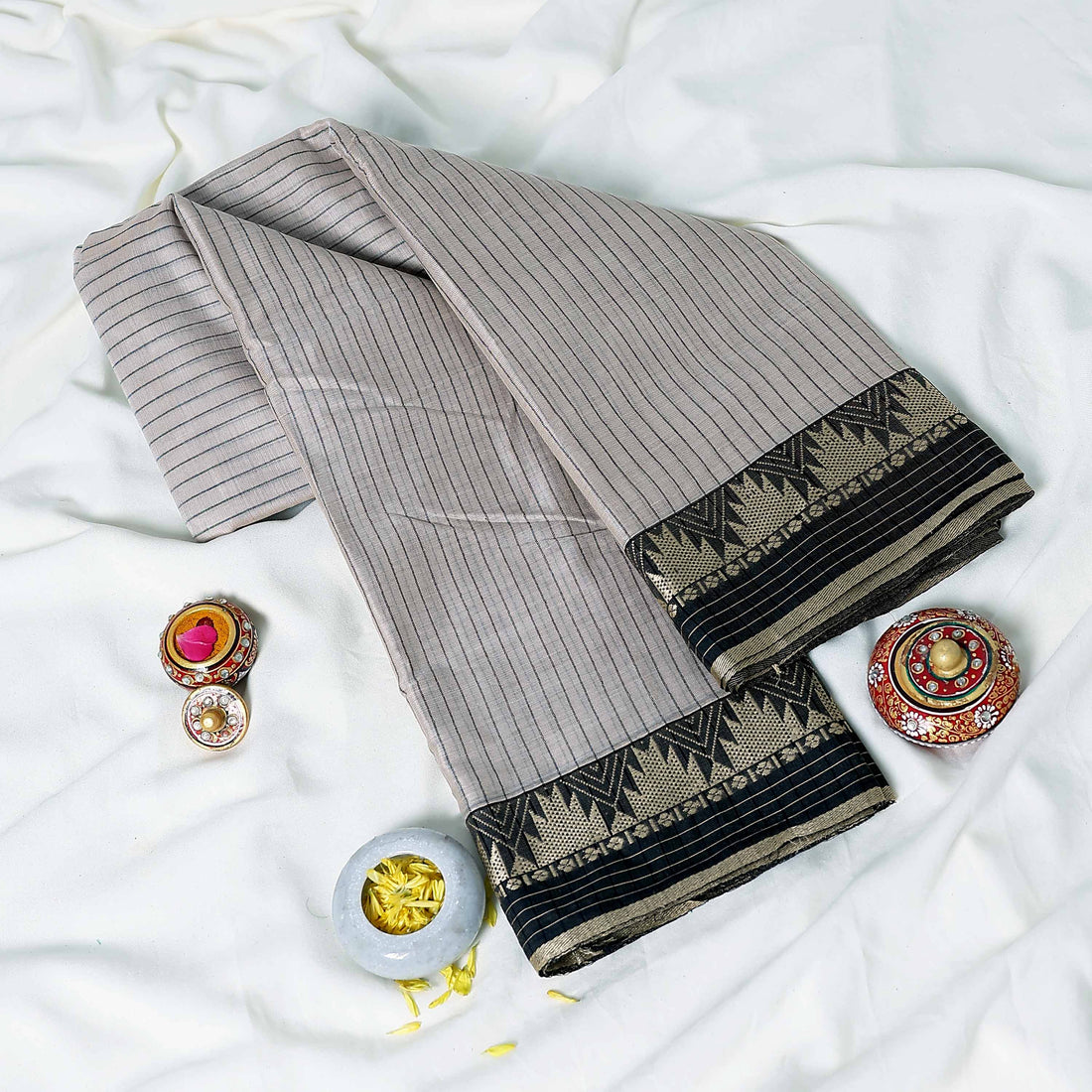 Grey Mangalagiri Cotton Saree for Women | Festive Summer Collection | Jeyachandran - Full View
