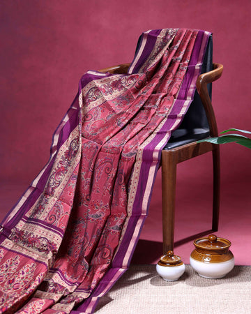 Elegant Semi Chanderi Saree with Paisley Inspired Motifs and A Plain Gold Woven Border - Pink