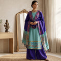 Aqua Blue Salwar Material Set With Blue Pants Fabric And Colorful Ikat Dupatta Full-Length Front View