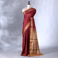 Dark Red  Banana Pith Saree with Minimal Butta Motifs & Traditional Zari Woven Border -Full View