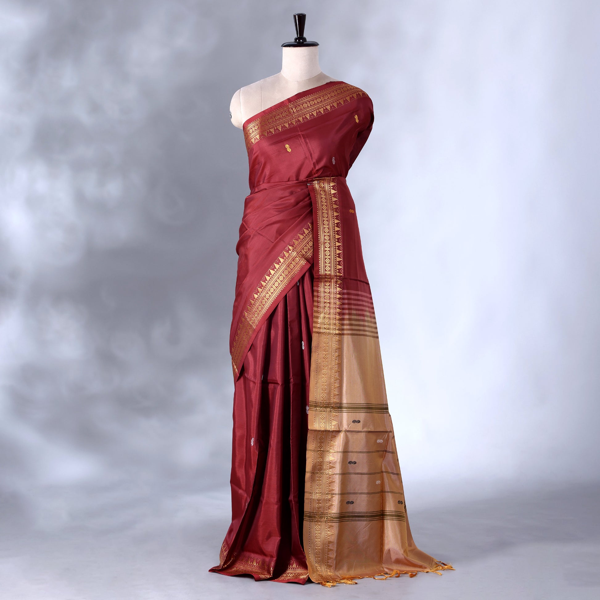 Dark Red  Banana Pith Saree with Minimal Butta Motifs & Traditional Zari Woven Border -Full View