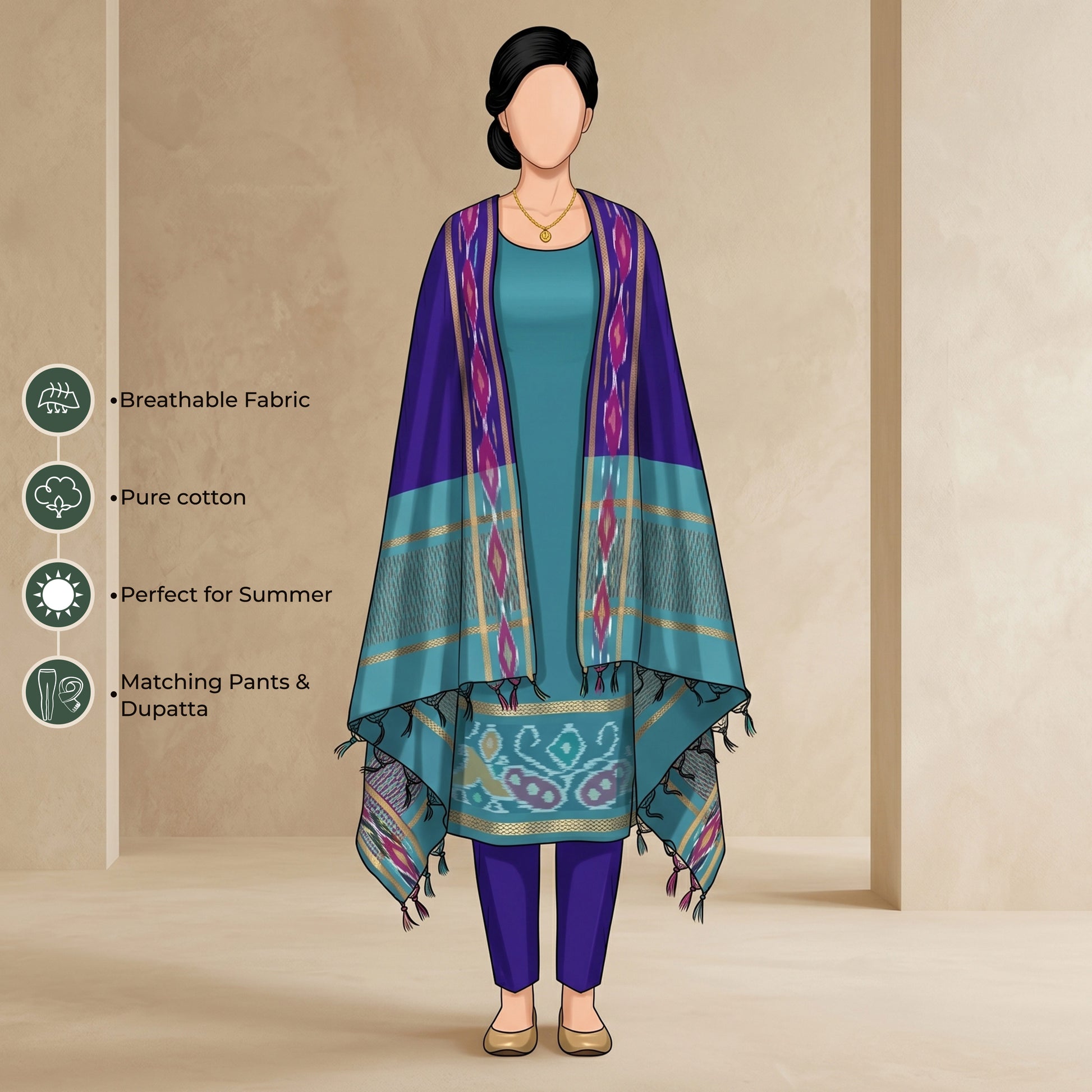 Aqua Blue Salwar Suit Material With Blue Bottom Fabric And Colorful Ikat Dupatta - Front View