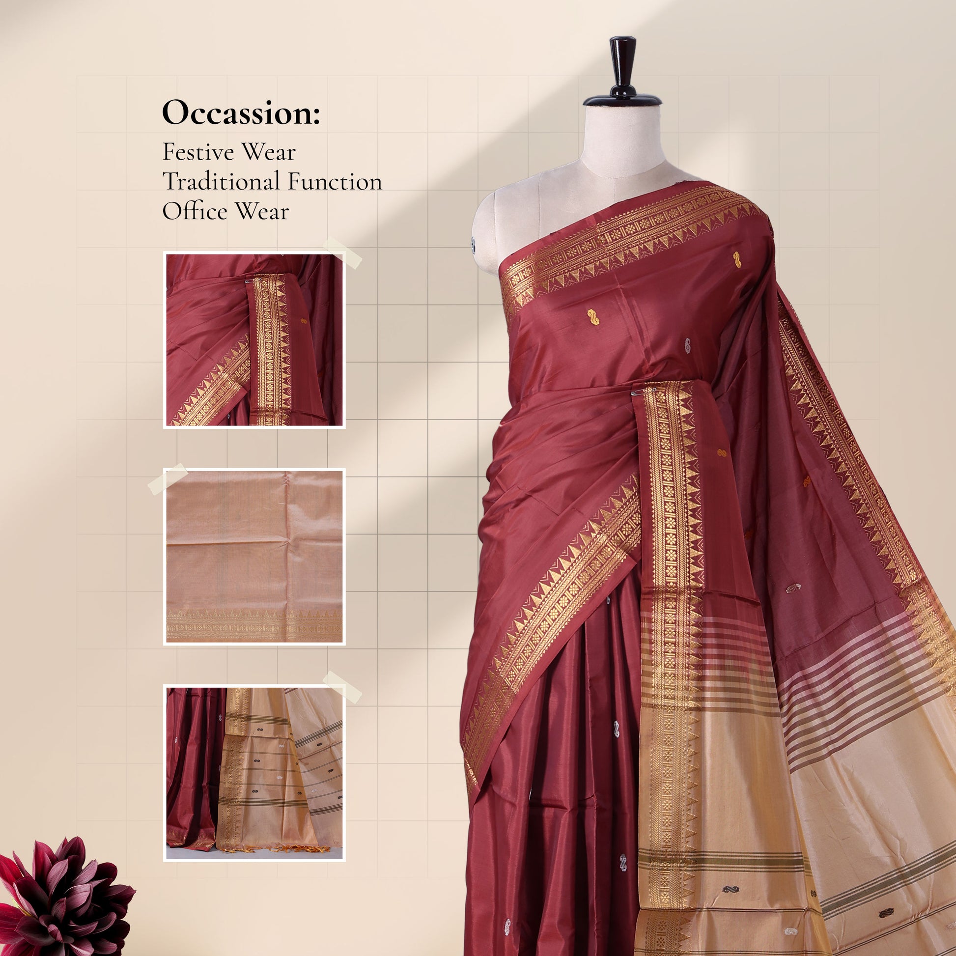 Banana Pith Saree in Red with Beige Pallu and Intricate Gold Zari Border