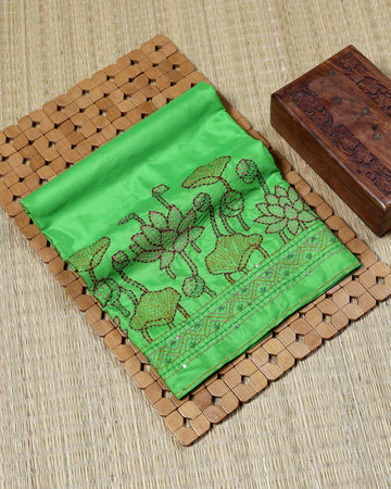 Elegant Women’s Blouse Material with Intricate Floral Thread Work and Decorative Border Pattern - Green
