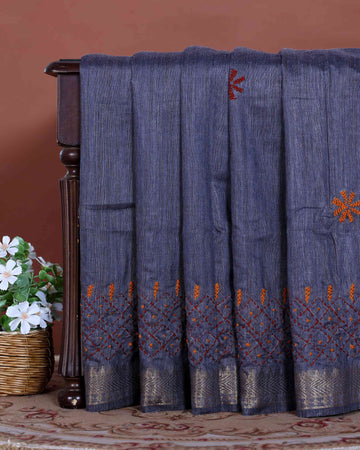 Elegant Kantha Hand Embroidered Saree with Intricate Floral Motif and Contrast Border - Grey