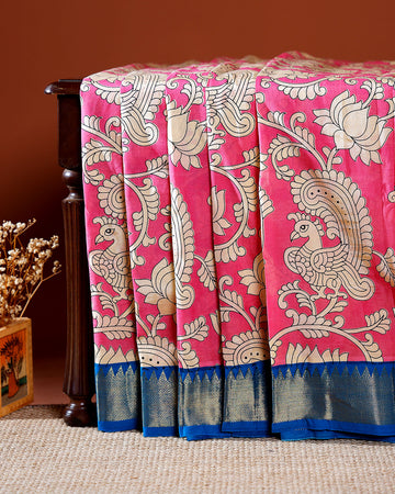 Elegant Mangalagiri Semi Silk Saree with Traditional Kalamkari-Inspired Floral & Peacock Motifs and Zari Border - Pink