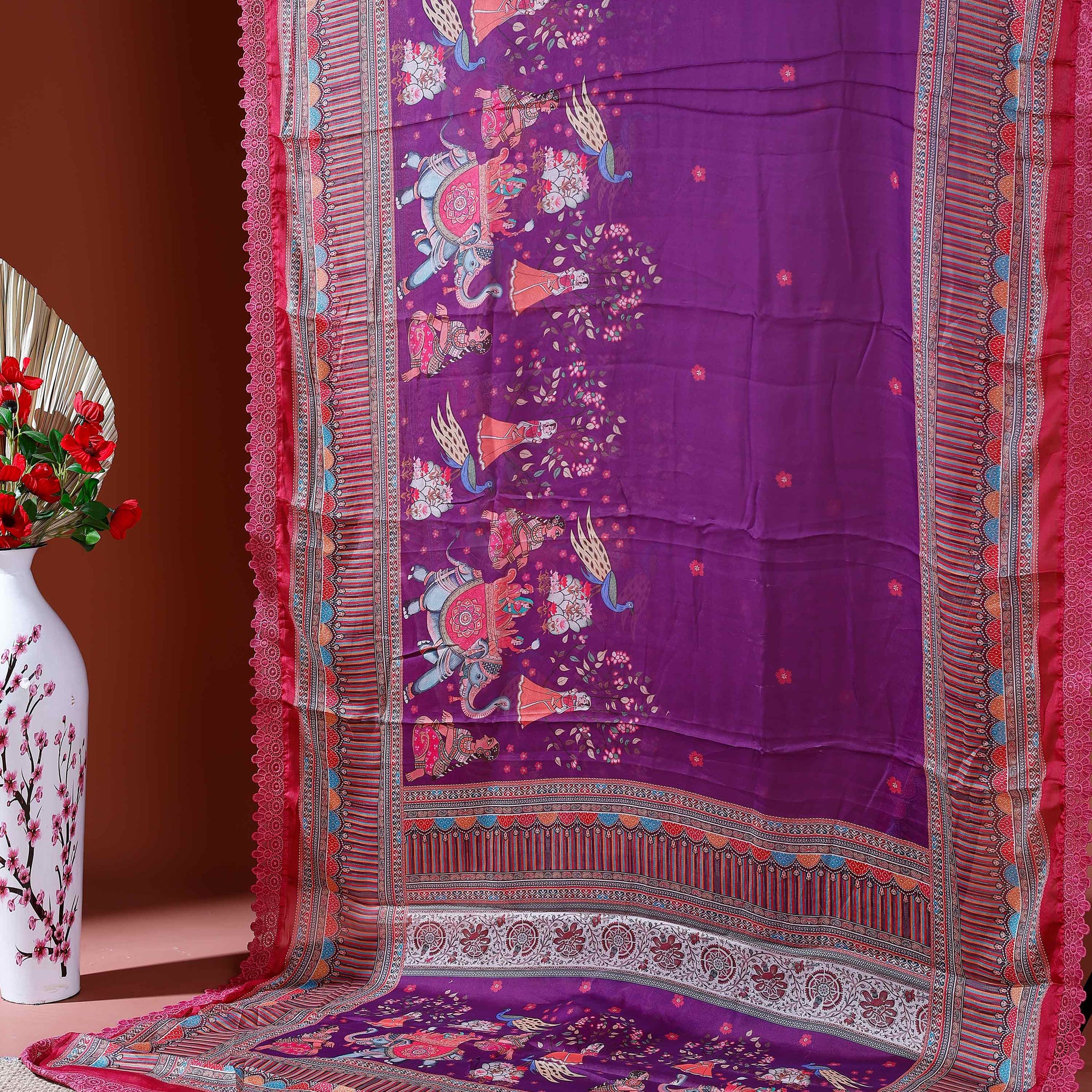 Designer Georgette Saree with Royal Procession Print and Intricately Woven Traditional Border - Purple