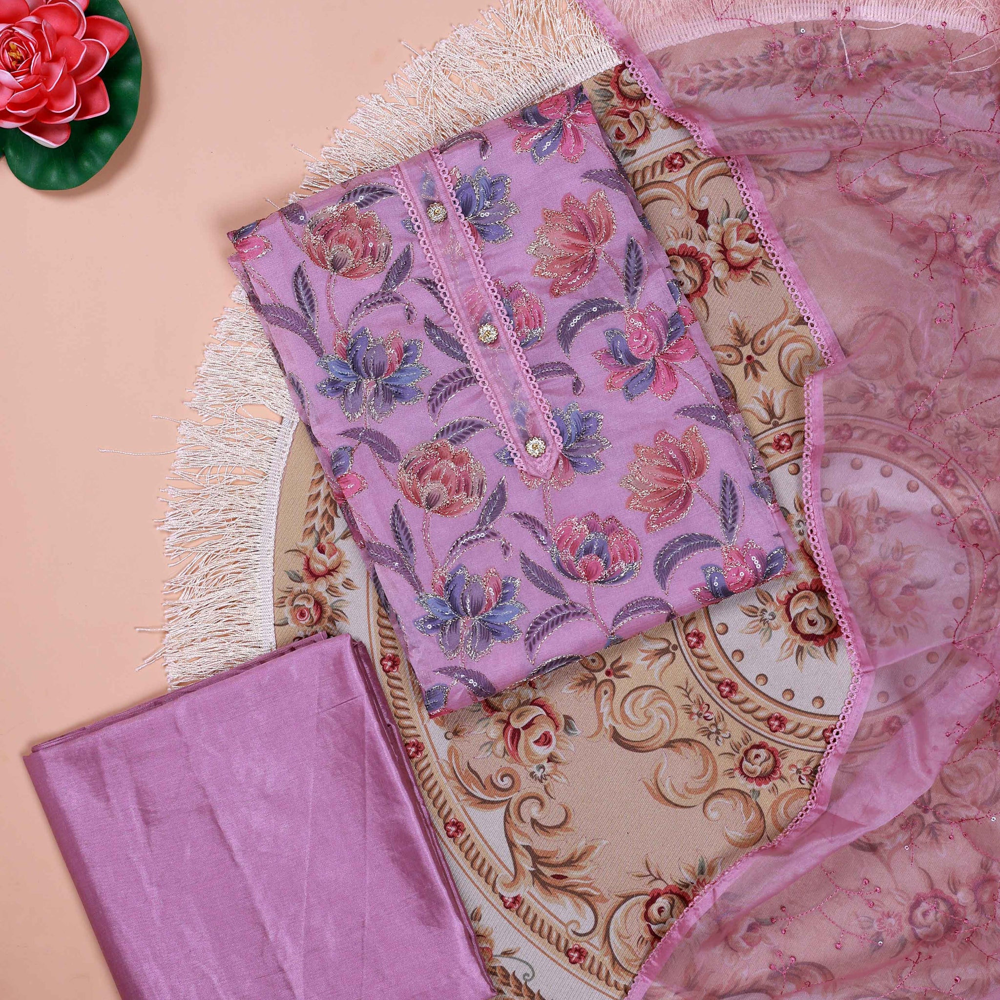 Women's Floral Embroidered Salwar Suit Material with Beaded Neckline and Net Dupatta - Pink