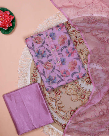 Women's Floral Embroidered Salwar Suit Material with Beaded Neckline and Net Dupatta - Pink