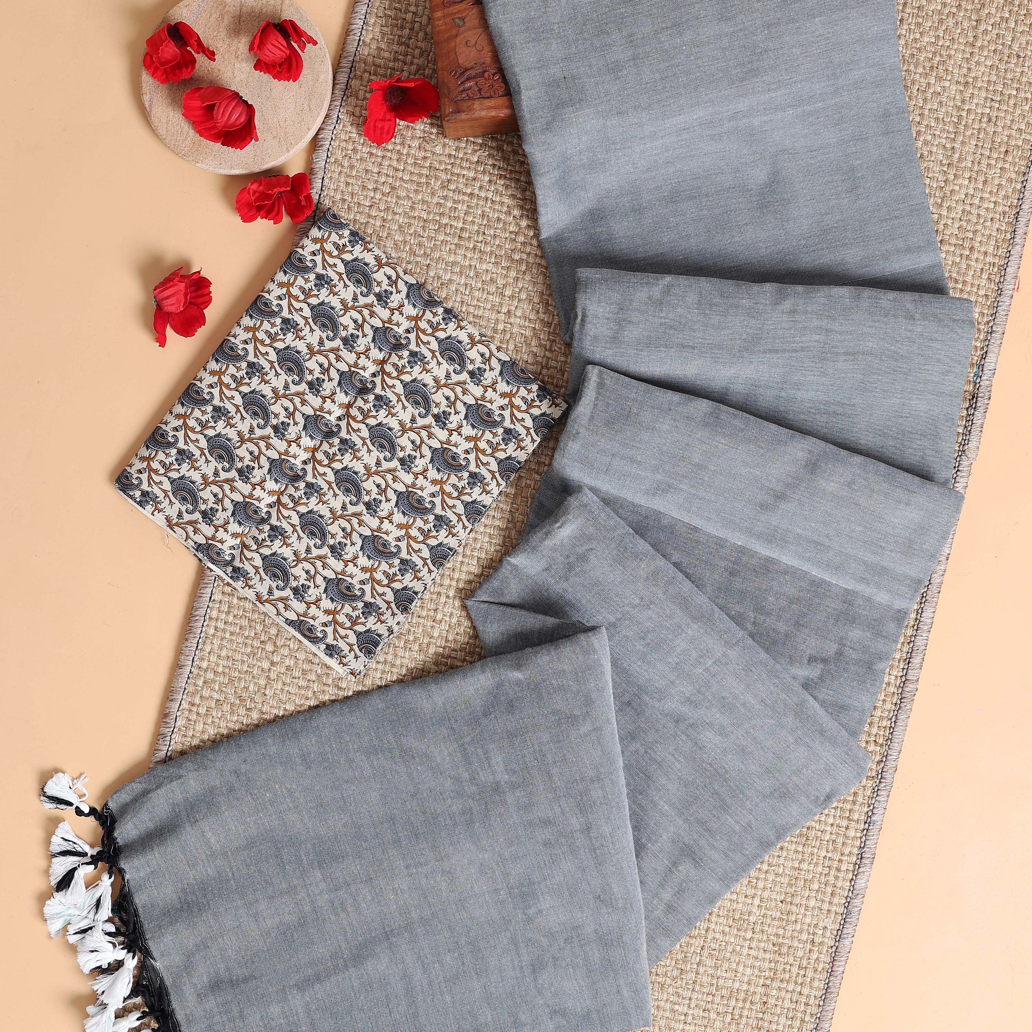 Handwoven Khadi Cotton Saree with Contrast Printed Blouse and Tassel Accents - Light Grey
