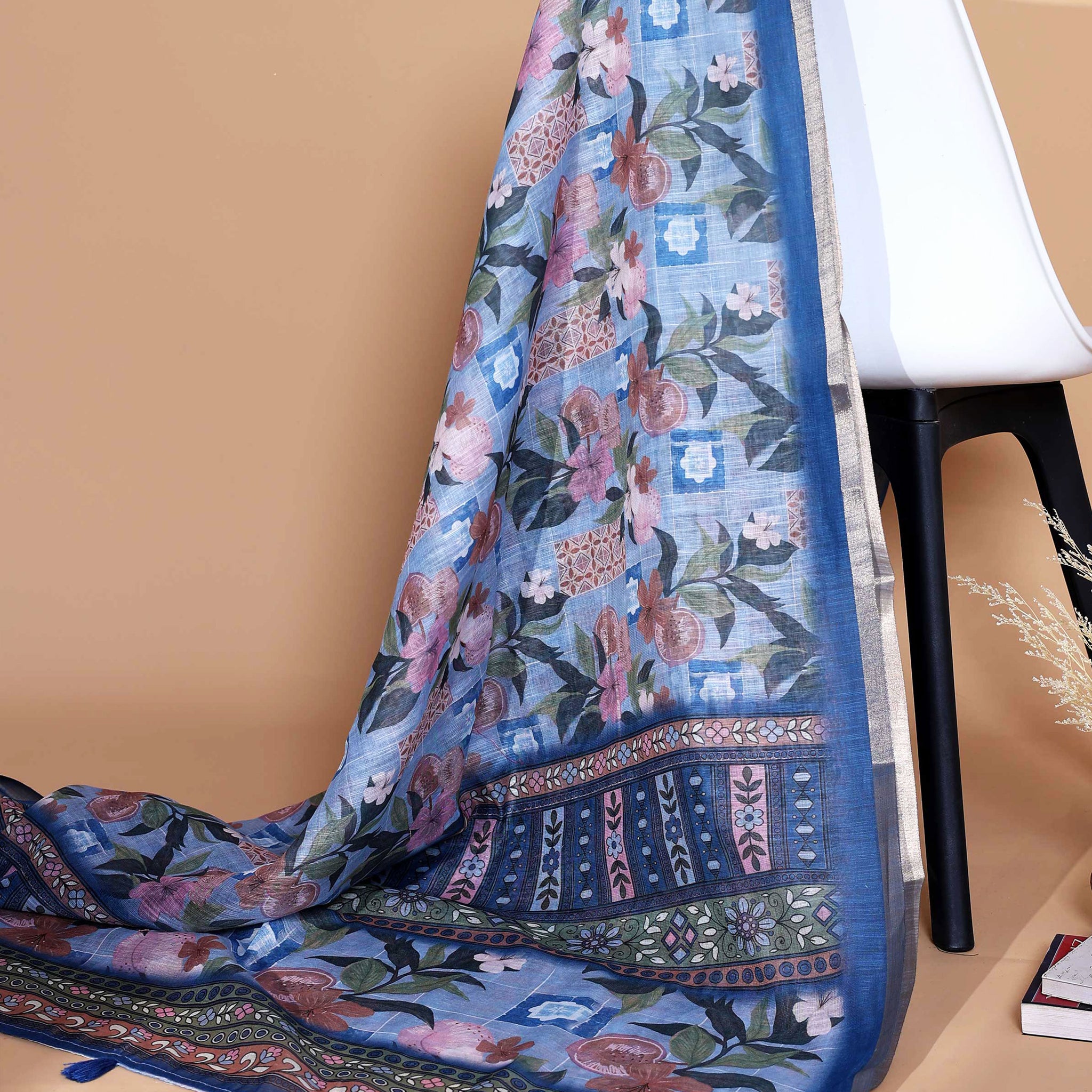 Ethnic Blue Linen saree with Multi-color Paisley and Floral Design