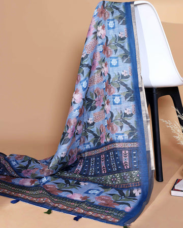 Ethnic Blue Linen saree with Multi-color Paisley and Floral Design