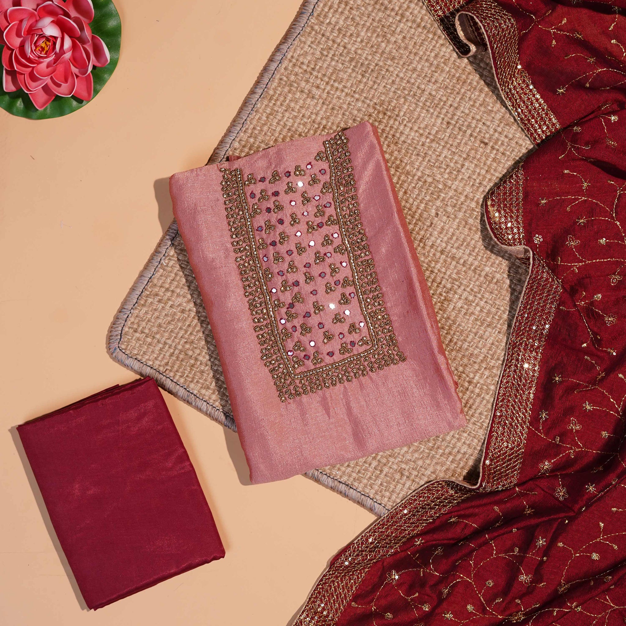 Elegant Pink Unstitched Salwar Material with Intricate Embroidery & Mirror Work - Pink