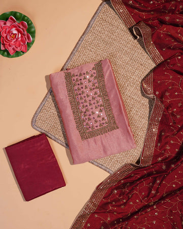 Elegant Pink Unstitched Salwar Material with Intricate Embroidery & Mirror Work - Pink