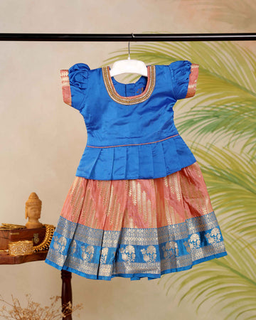Traditional Kids Pattu Pavadai Readymade a Traditional Ethnic Gown with Zari Border & Puff Sleeves  - Blue